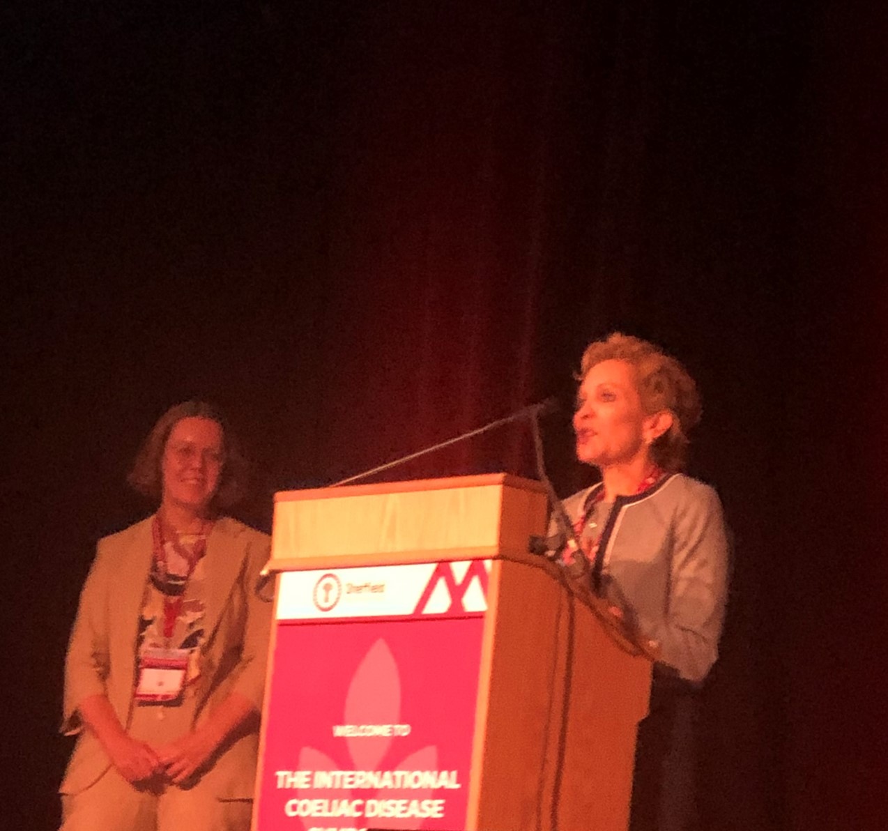 Marilyn Geller and Dr Fleur du Pre on stage.